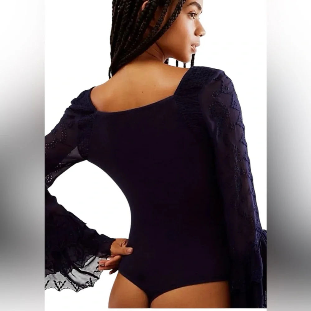 FREE PEOPLE Intimately Enchanted By You Bodysuit Ruffled Eyelet Bell Sleeve Navy